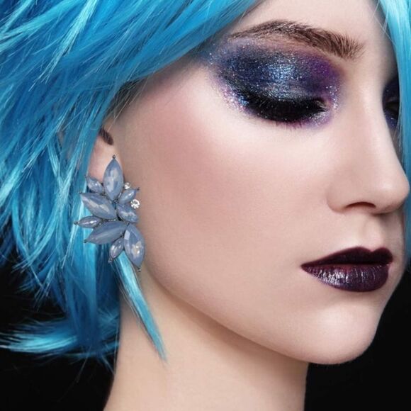 Gun Metal Black with Cloud Blue Crystal 80's Punk Rock Starburst Earrings - Picture 4 of 5